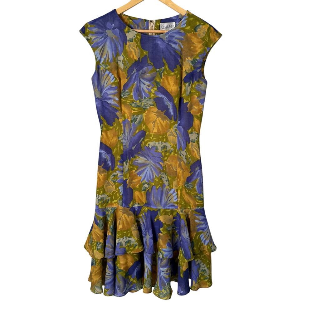 Vintage 80s Purple Orange Floral Cocktail Dress Ruffle Hem‎ Cap Sleeves, Small